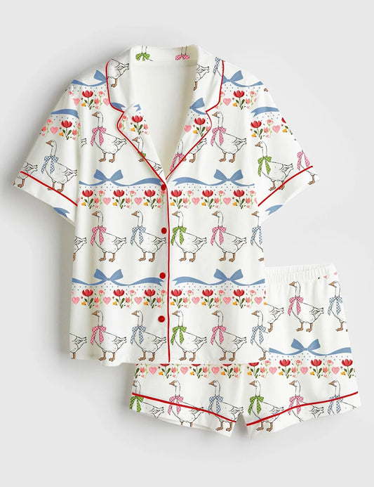 Women’s Vintage Goose Blue Ribon Trendy Cute Goose Print Short Sleeve Satin Pajama Set