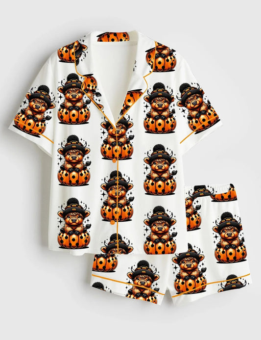 Women’s Cute Highland Cow Halloween Pumpkin Spooky Season Short Sleeve Satin Pajama Set