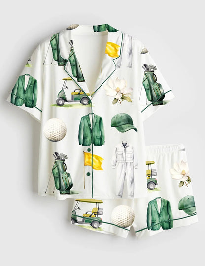 Women’s Watercolor Golf Tournament Golfing Master Golf Cart Green Jacket Club Short Sleeve Satin Pajama Set