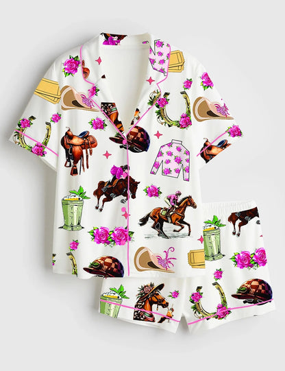 Women’s Kentucky Derby Run For The Roses Kentucky Horse Racing Western Short Sleeve Satin Pajama Set