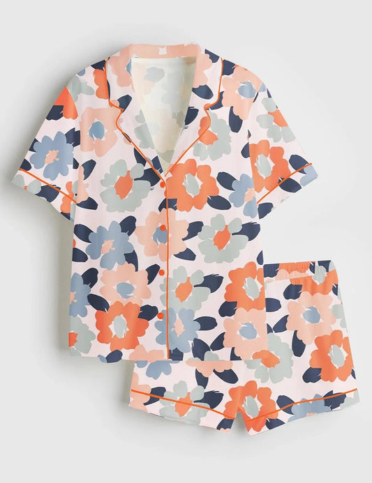 Women's Field Of Flowers Pastel Floral Short Sleeve Satin Pajama Set