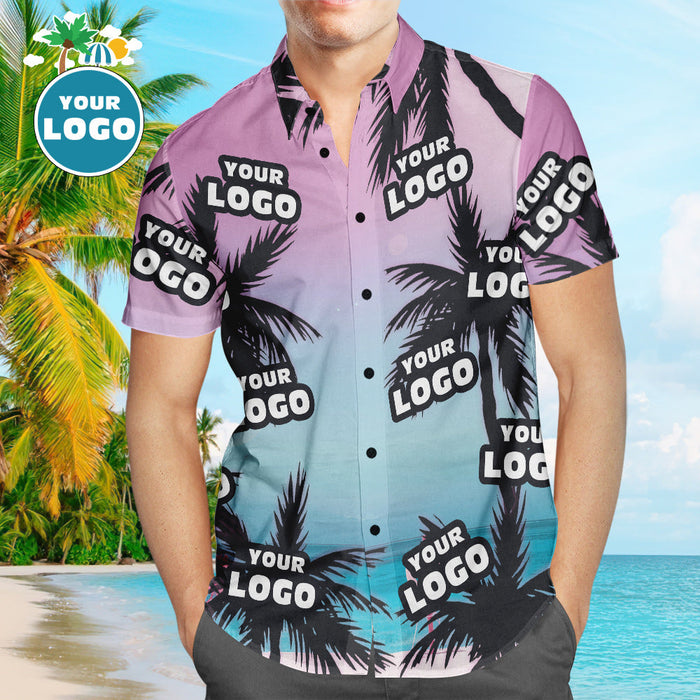 Custom Logo Hawaiian Shirts Sea and Coconut Tree Aloha Beach Shirt For Men