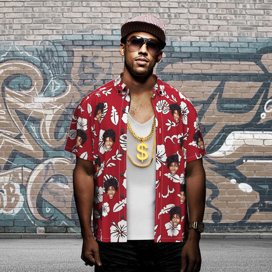 Léinte Haváís Aghaidh an Chustaim Bláthanna Agus Duilleoga Trá Samhraidh Gearr Muinchille Dearg Stíl Hip Hop