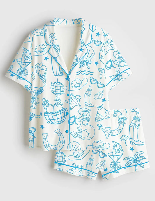 Women’s Hand Drawn Whimsical Coastal Beach Cowgirl Western Cowgirl Print Short Sleeve Satin Pajama Set