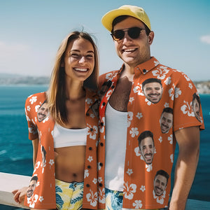 Custom Photo Hawaiian Shirt Beach Vacation Couple Wears Popular All Over Print Hawaiian Beach Shirt Holiday Gift Hibiscus