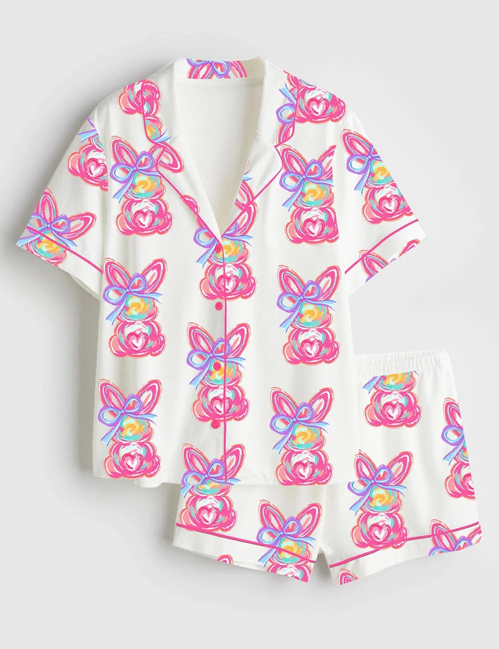 Women's Brushstroke Bunny Easter Short Sleeve Satin Pajama Set