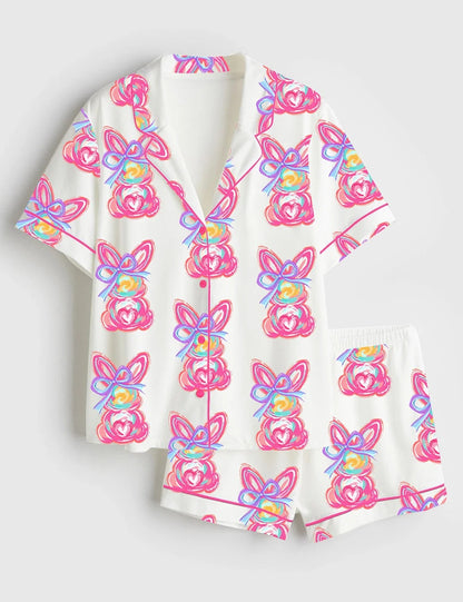 Women's Brushstroke Bunny Easter Short Sleeve Satin Pajama Set