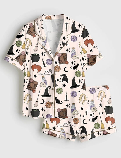 Women’s Halloween Witches Black Cat Short Sleeve Satin Pajama Set