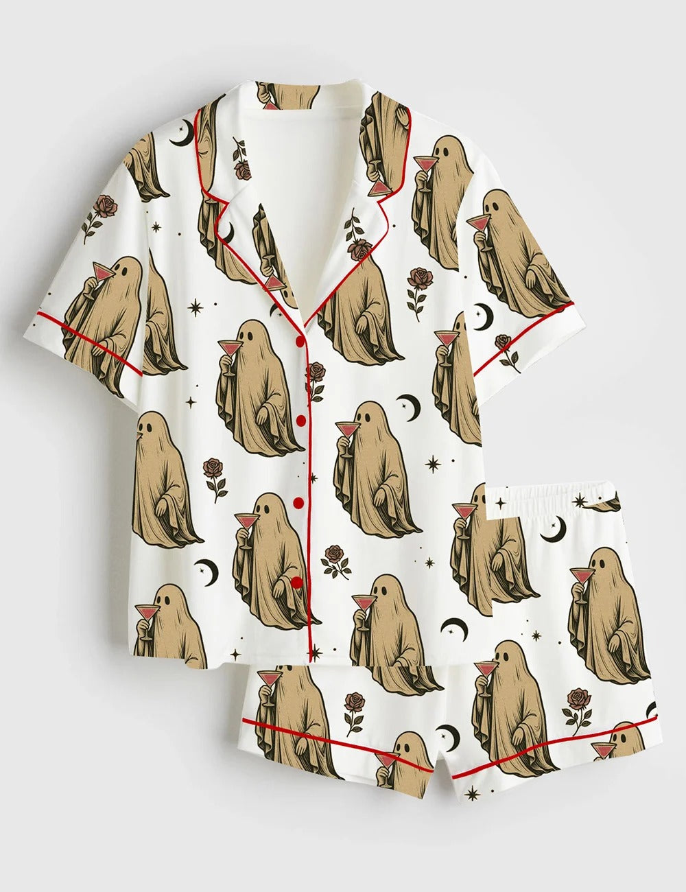 Women’s Halloween Ghost Cocktail Cosmopolitan Short Sleeve Satin Pajama Set