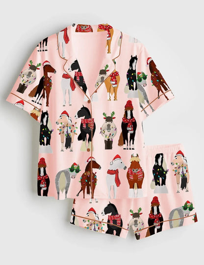 Women's Funny Horse Christmas Short Sleeve Satin Pajama Set,