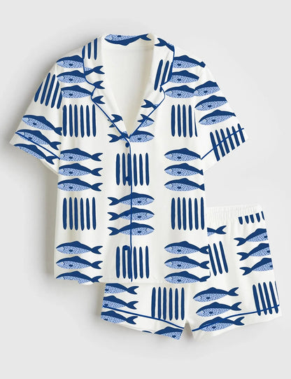 Women's Fish Art Long Sleeve Satin Pajama Set