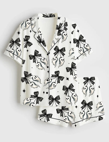 Women’s Halloween Spooky Black Lace Bow With Floating Ghosts And Stars Short Sleeve Satin Pajama Set