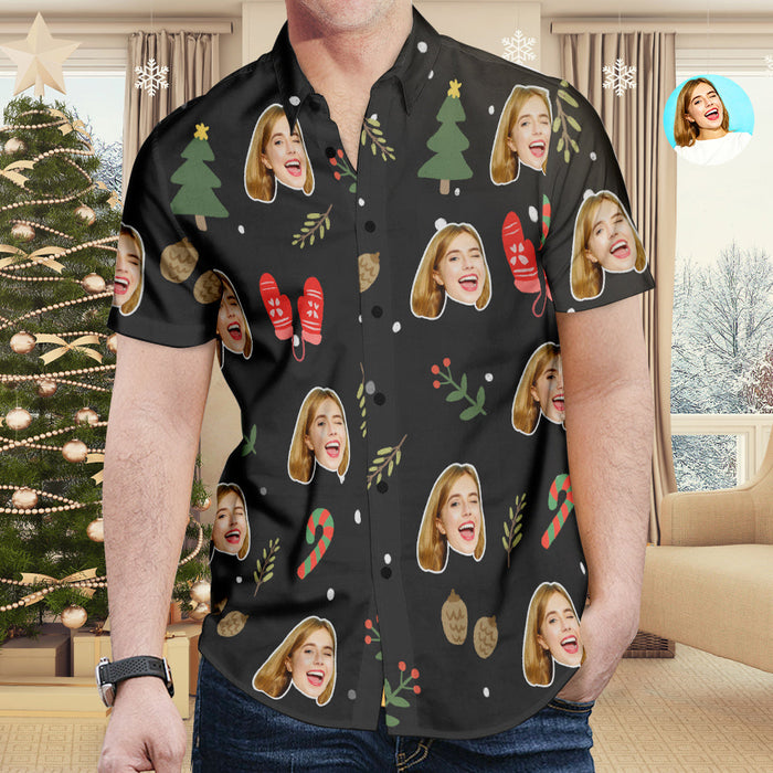 Custom Face All Over Print Christmas Hawaiian Shirt Christmas Gloves Crutch Shirt Gift for Him