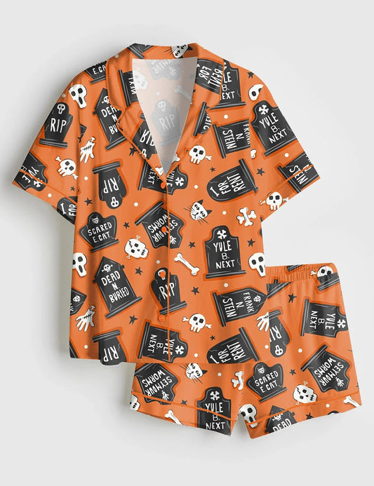 Women’s Ghoulish Graveyard Halloween Short Sleeve Satin Pajama Set