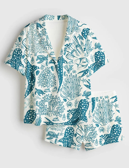 Women’s Whale Shark Coral Reef Ocean Coastal Marine Summer Beach Vibes Print Short Sleeve Satin Pajama Set