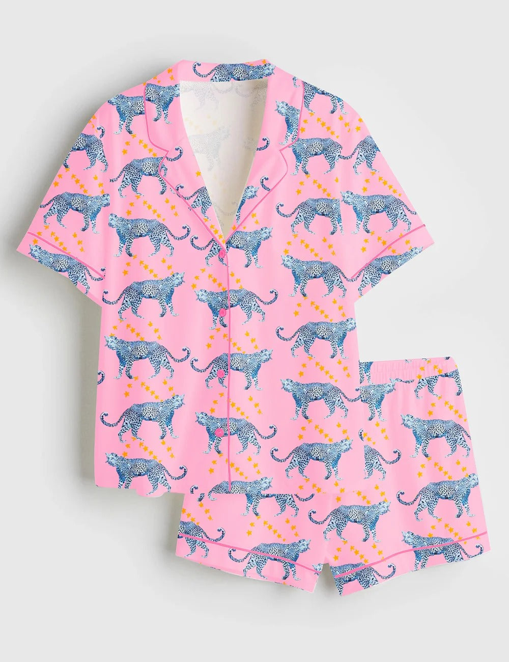 Women’s Pink Cosmic Cheetah Watercolor Cheetah Wildlife Print Short Sleeve Satin Pajama Set