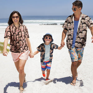 Custom Photo Hawaiian Shirt Couple Outfit Parent-child Wears Personalised Face Hawaiian Shirt Gift Face Mash