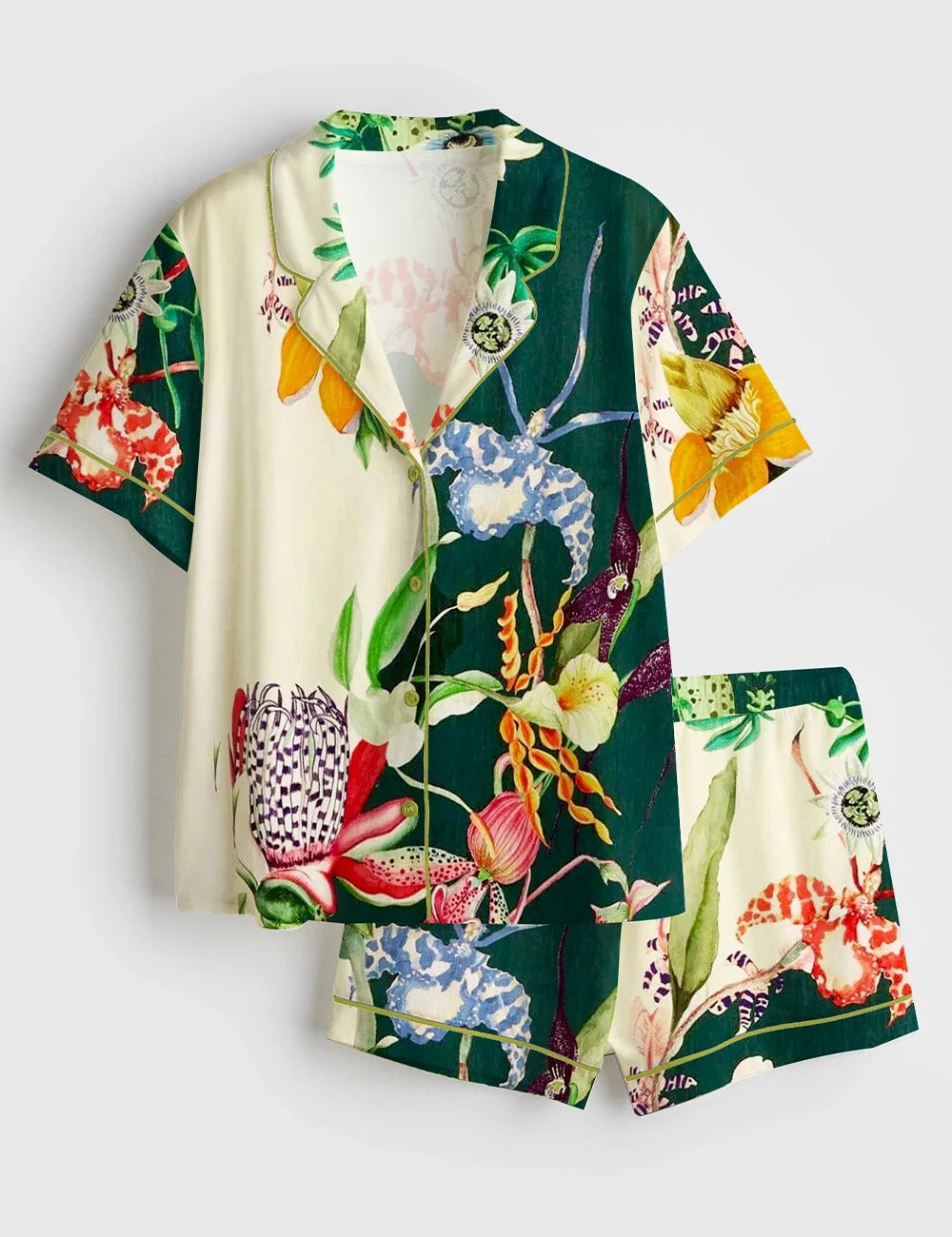 Women’s Elegant Bouquet Flowers Plant Short Sleeve Satin Pajama Set