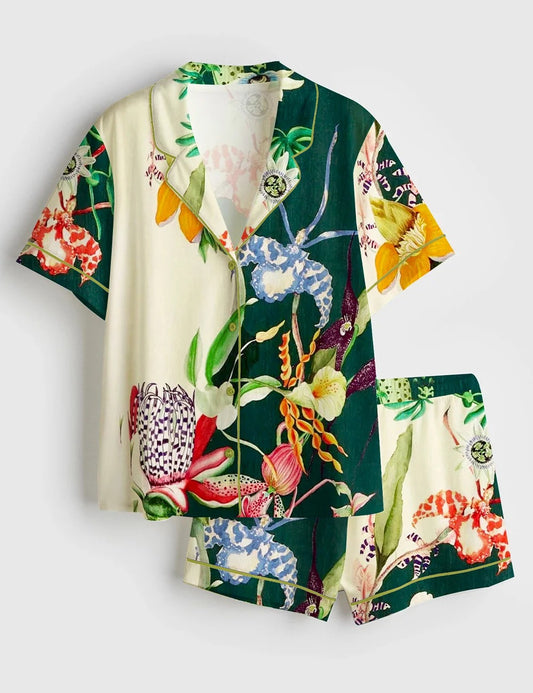 Women’s Elegant Bouquet Flowers Plant Short Sleeve Satin Pajama Set