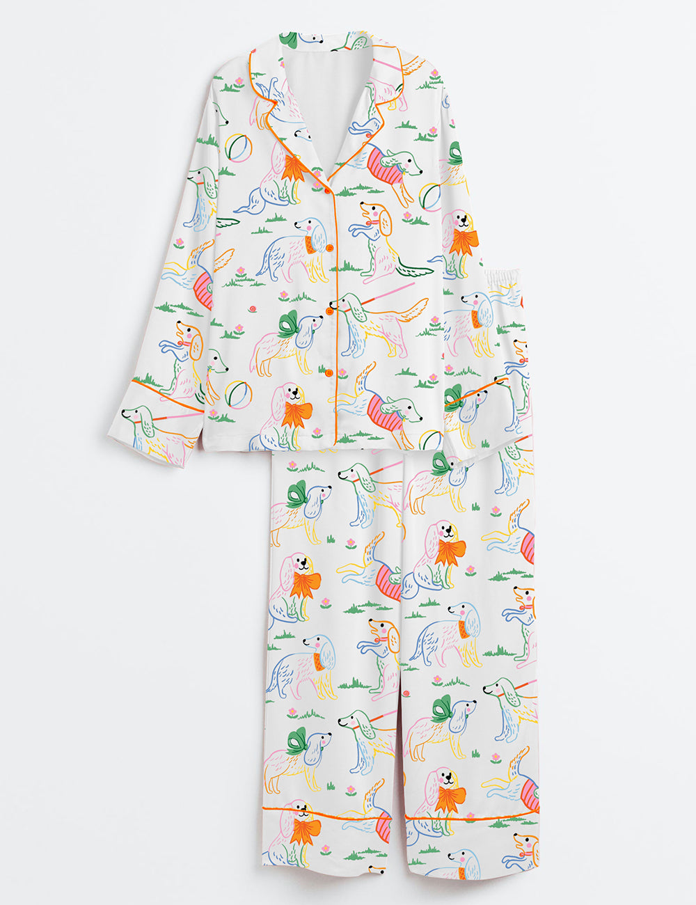 Women’s Cute Dog Illustration Long Sleeve Satin Pajama Set