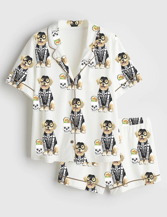 Women’s Skeleton Puppy Wearing Mask Halloween Dog Short Sleeve Satin Pajama Set