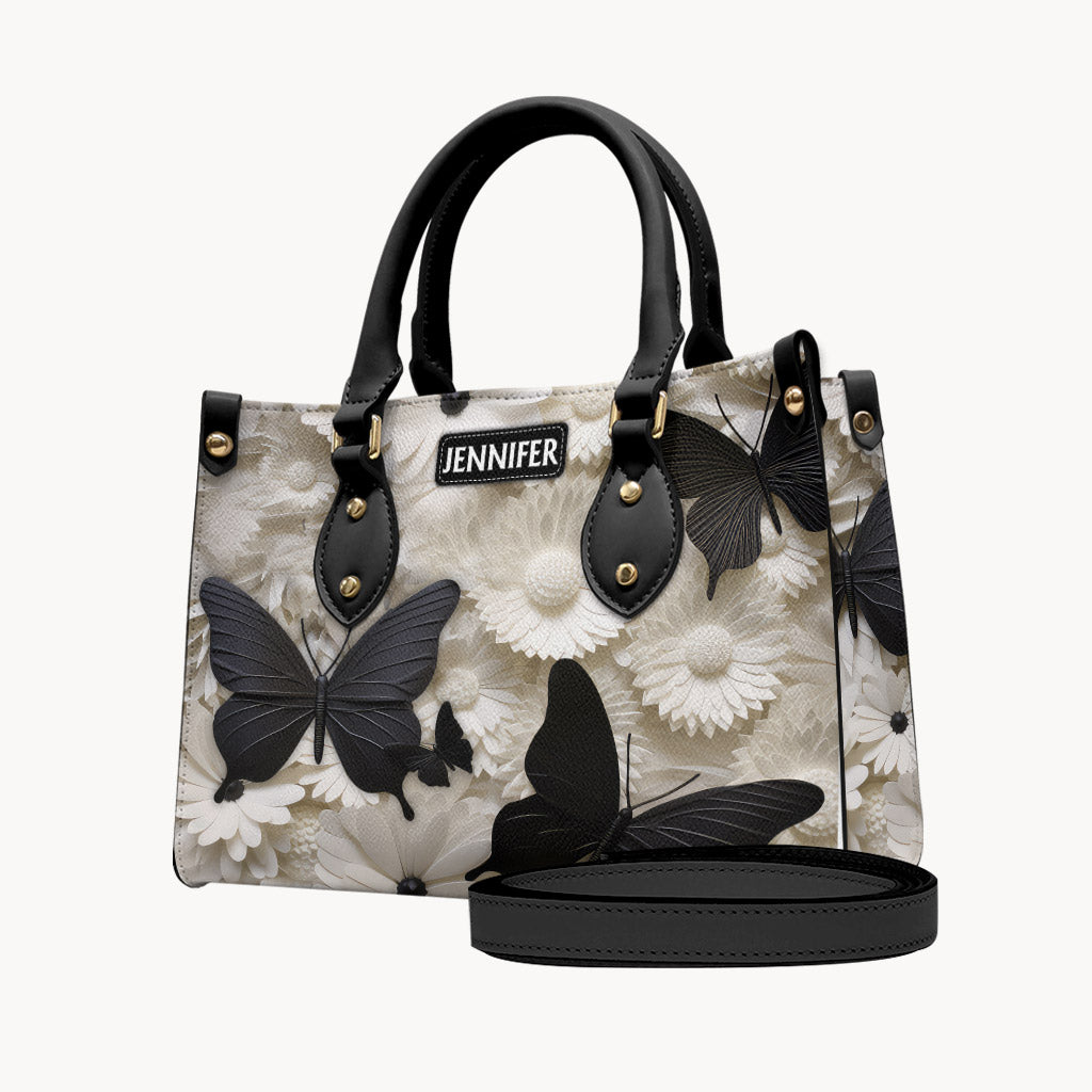 Elegant Black And White Butterflies And Flowers - Personalized Butterfly Leather Handbag