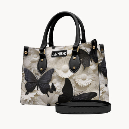 Elegant Black And White Butterflies And Flowers - Personalized Butterfly Leather Handbag