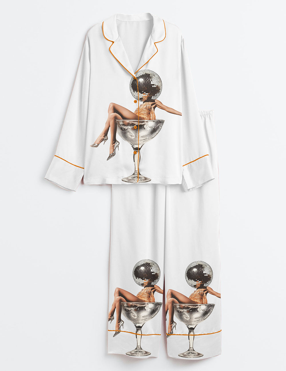 Women’s Fashionable Girl In A Martini Cocktail Wine Glass Long Sleeve Satin Pajama Set