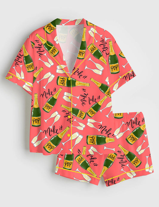 Women’s Champagne Party Short Sleeve Satin Pajama Set