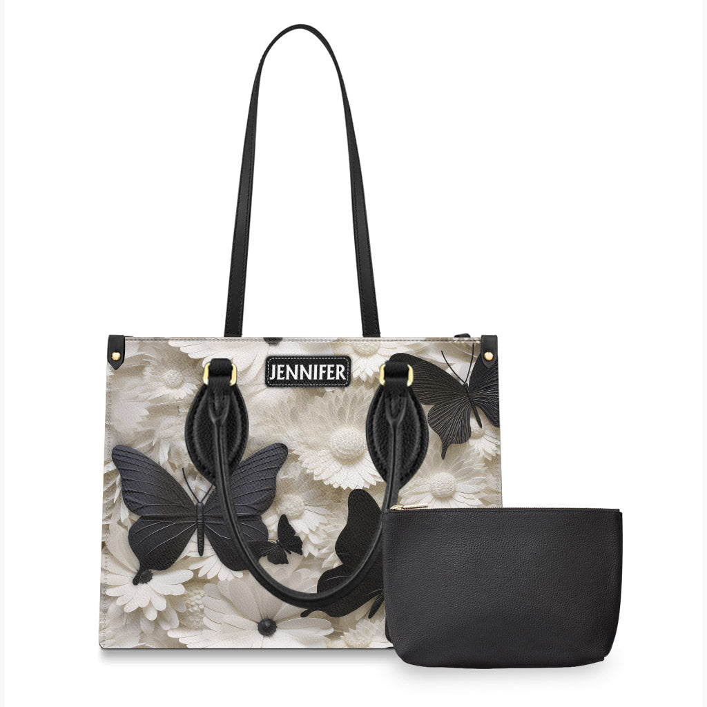Elegant Black And White Butterflies And Flowers - Personalized Butterfly Leather Handbag