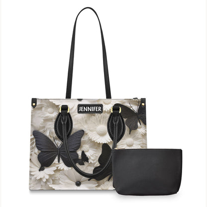 Elegant Black And White Butterflies And Flowers - Personalized Butterfly Leather Handbag