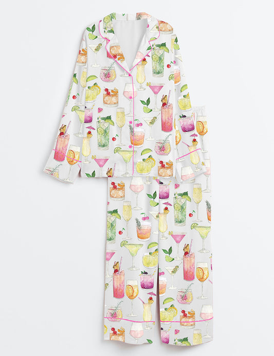 Women's Summer Cocktail Wine Lovers Old Fashioned Long Sleeve Satin Pajama Set