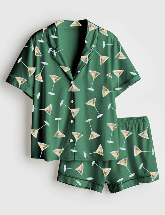 Women’s Martini Espresso Cocktail Short Sleeve Satin Pajama Set