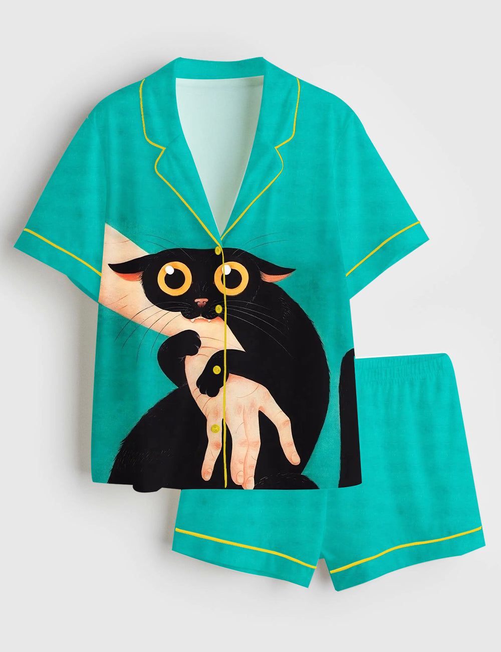 Women’s Cat Holding Human Hand Short Sleeve Satin Pajama Set