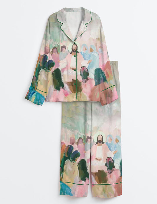 Women’s Pastel Jesus Preaching Oil Painting Vintage Bright Christian Abstract Jesus Long Sleeve Satin Pajama Set
