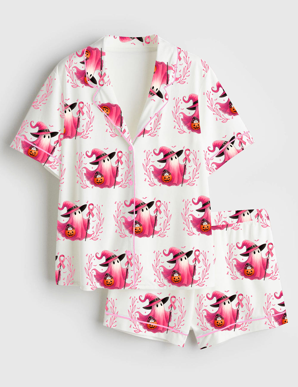 Women’s In October We Wear Pink Breast Cancer Awareness Short Sleeve Satin Pajama Set