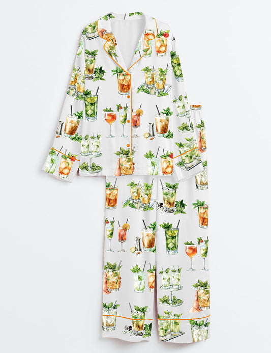 Women’s Watercolor Mint Julep Cocktail Alcoholic Mixed Drink Wedding Long Sleeve Satin Pajama Set