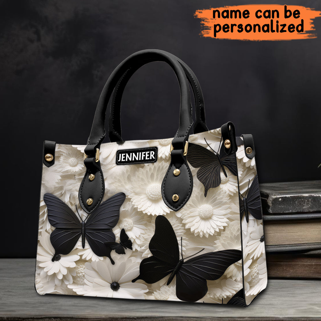 Elegant Black And White Butterflies And Flowers - Personalized Butterfly Leather Handbag