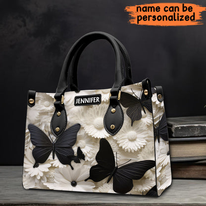 Elegant Black And White Butterflies And Flowers - Personalized Butterfly Leather Handbag