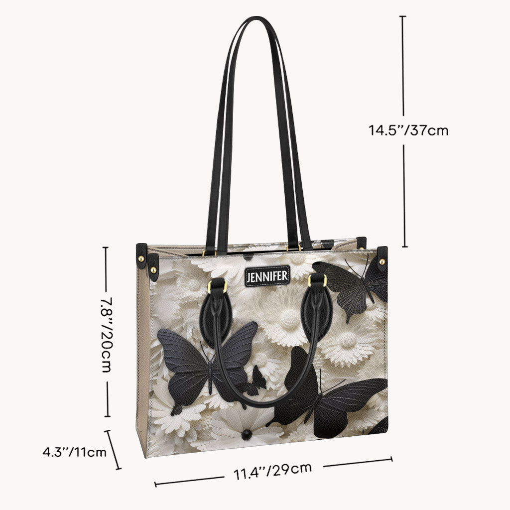Elegant Black And White Butterflies And Flowers - Personalized Butterfly Leather Handbag
