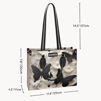 Elegant Black And White Butterflies And Flowers - Personalized Butterfly Leather Handbag