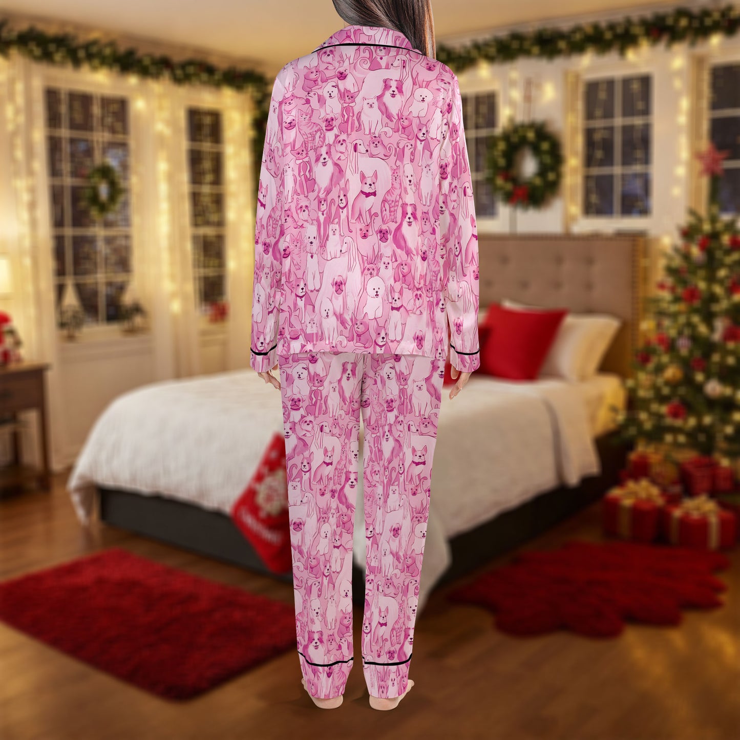Cute Pink Dog Pajama Set – Cozy Christmas Pajamas | Pajama Gift Set, Girl Pajamas, Cute Pajamas for My Love, Winter Sleepwear, Holiday Pajamas for Women HPRPJMADL-06