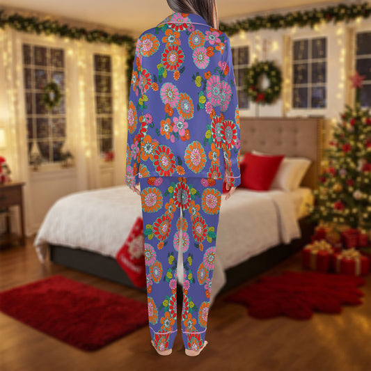 Retro Floral Pajama Set – Colorful Vintage Pajamas | Cozy Pajama Gift Set, Girl Pajamas, Cute Pajamas for My Love, Flower Print Sleepwear, Christmas Pajamas for Women HPRPJMADL-15