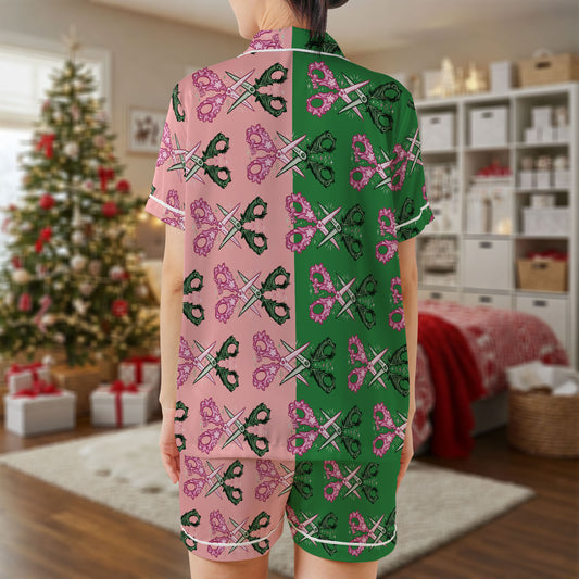 Vintage Scissors Short Pajama Set – Green & Pink Split Design Sleepwear | Retro Art Print Pajamas for Women, Men, Kids & Youth, Unique Cozy Pajama Gift Set HPRPJMADS-07