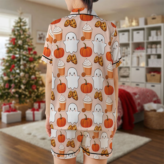 Halloween Ghost Short Pajama Set – Cute Pumpkin Cookie Print Sleepwear | Cozy Fall Pajamas for Women, Men, Kids & Youth, Adorable Holiday Pajama Gift Set HPRPJMADS-08