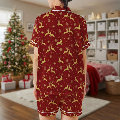 Christmas Reindeer Short Pajama Set – Festive Red & Gold Holiday Sleepwear | Cozy Xmas Pajamas for Women, Men, Kids & Youth, Matching Family Pajama Gift Set HPRPJMADS-10