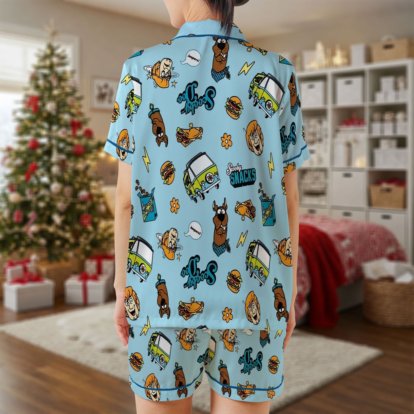 Scooby-Doo Short Pajama Set – Cartoon Mystery Van & Snack Print Sleepwear | Fun Blue Pajamas for Women, Men, Kids & Youth, Cozy Matching Family Gift Set HPRPJMADS-11
