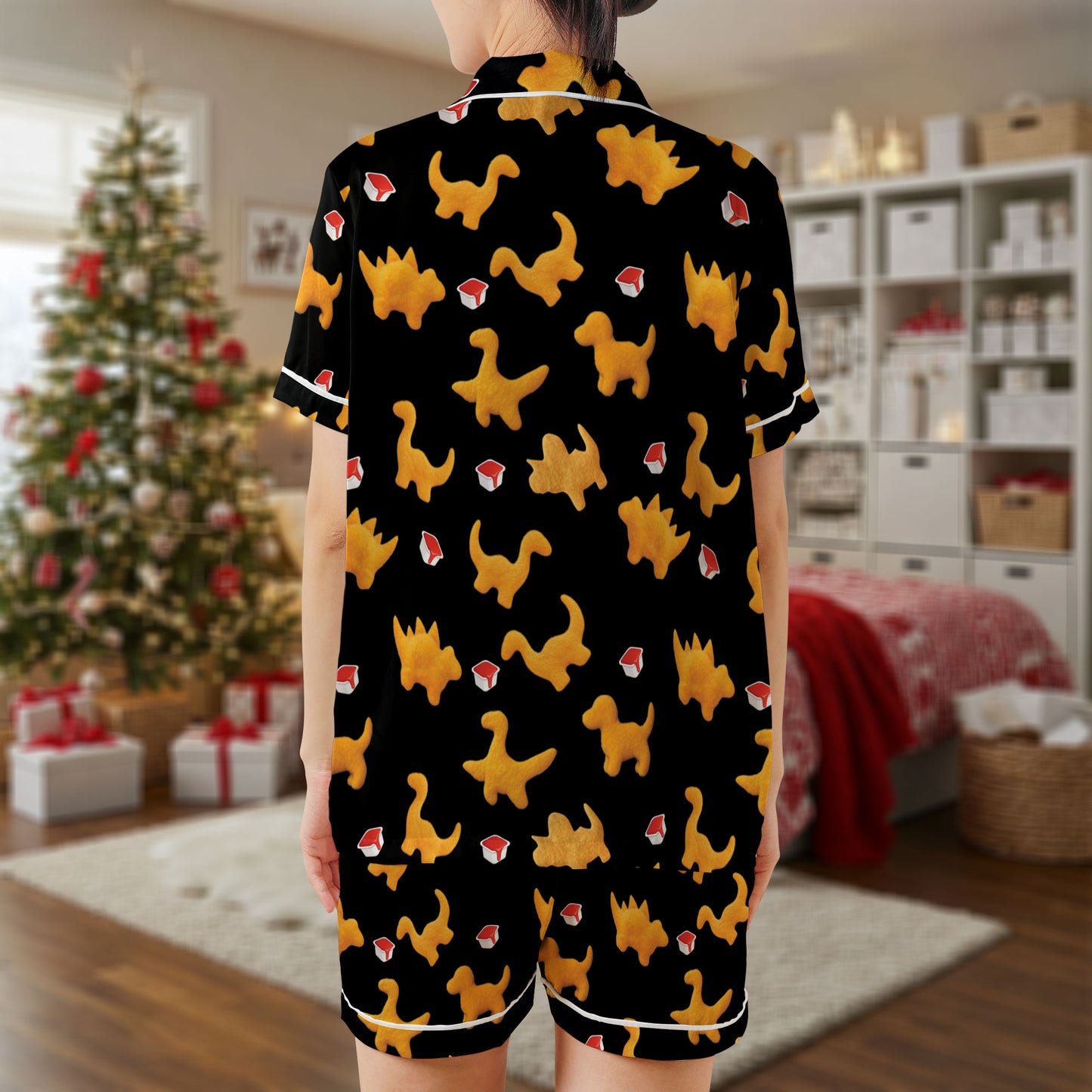 Dino Nugget Short Pajama Set – Funny Chicken Nugget & Sauce Print Sleepwear | Quirky Black Pajamas for Women, Men, Kids & Youth, Cozy Matching Gift Set HPRPJMADS-12