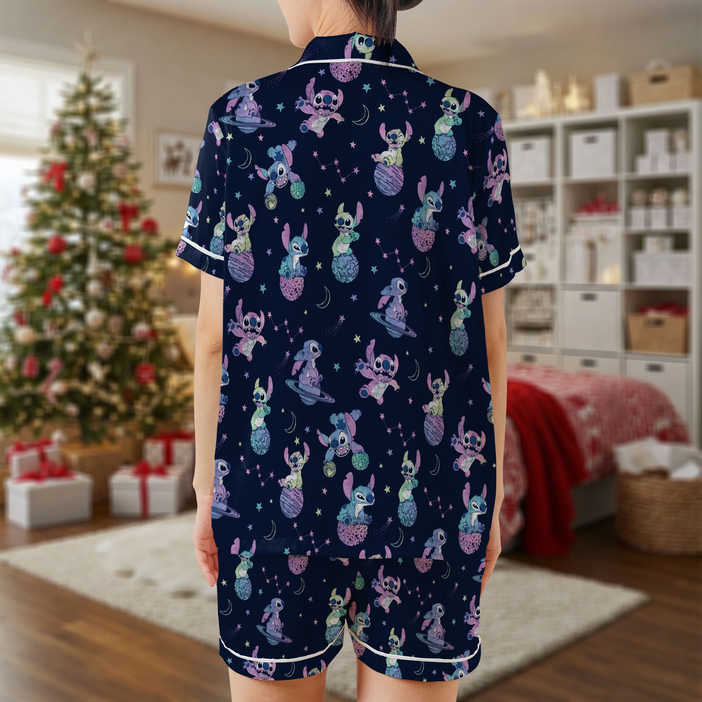 Stitch Galaxy Short Pajama Set – Cute Alien & Space Theme Sleepwear | Navy Blue Cartoon PJs for Women, Men, Kids & Youth, Cozy Matching Family Gift Set HPRPJMADS-14