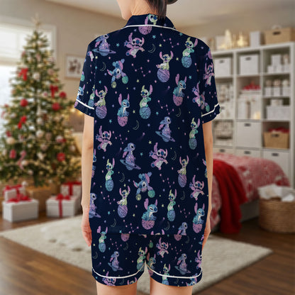 Stitch Galaxy Short Pajama Set – Cute Alien & Space Theme Sleepwear | Navy Blue Cartoon PJs for Women, Men, Kids & Youth, Cozy Matching Family Gift Set HPRPJMADS-14